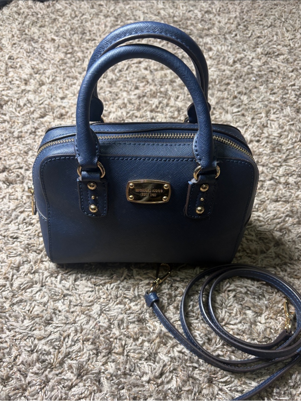 Michael Kors Small Navy Blue/Gold Saffiano Leather Satchel Crossbody Bag